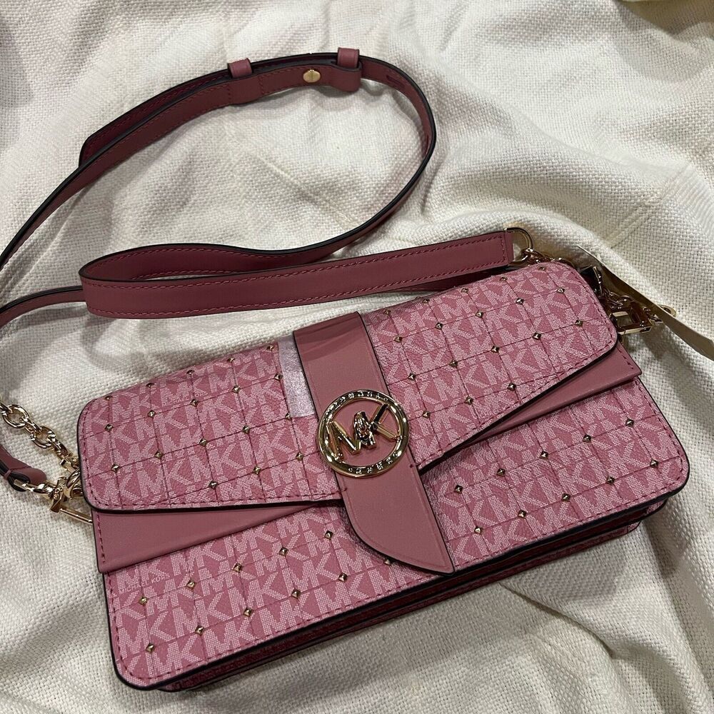 MICHAEL KORS Greenwich Quilted Faux Leather Studded Shoulder Crossbody Rose NWT - Picture 2 of 15